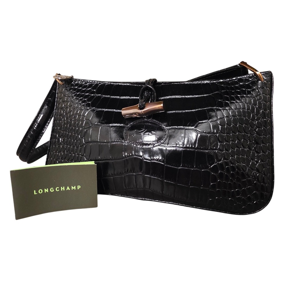 Longchamp Black Croco Embossed Leather Shoulder Baguette Bag Y2K Purse‎